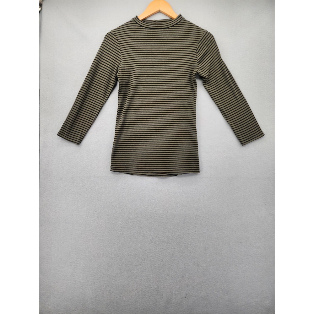 Poof Striped Ribbed Mock Neck Top Olive Green Black Long Sleeve Shirt Medium